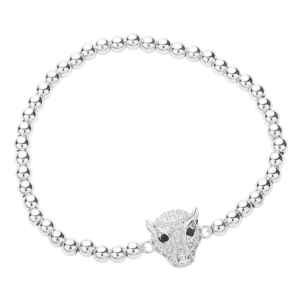 Leopard Silver CZ Stone Paved Leopard Panther Stainless Steel Ball Stretch Bracelet exudes elegance and strength. With its stainless steel material and CZ stone detailing, this bracelet is both durable and eye-catching. The leopard panther design adds a touch of fierce style to any outfit.