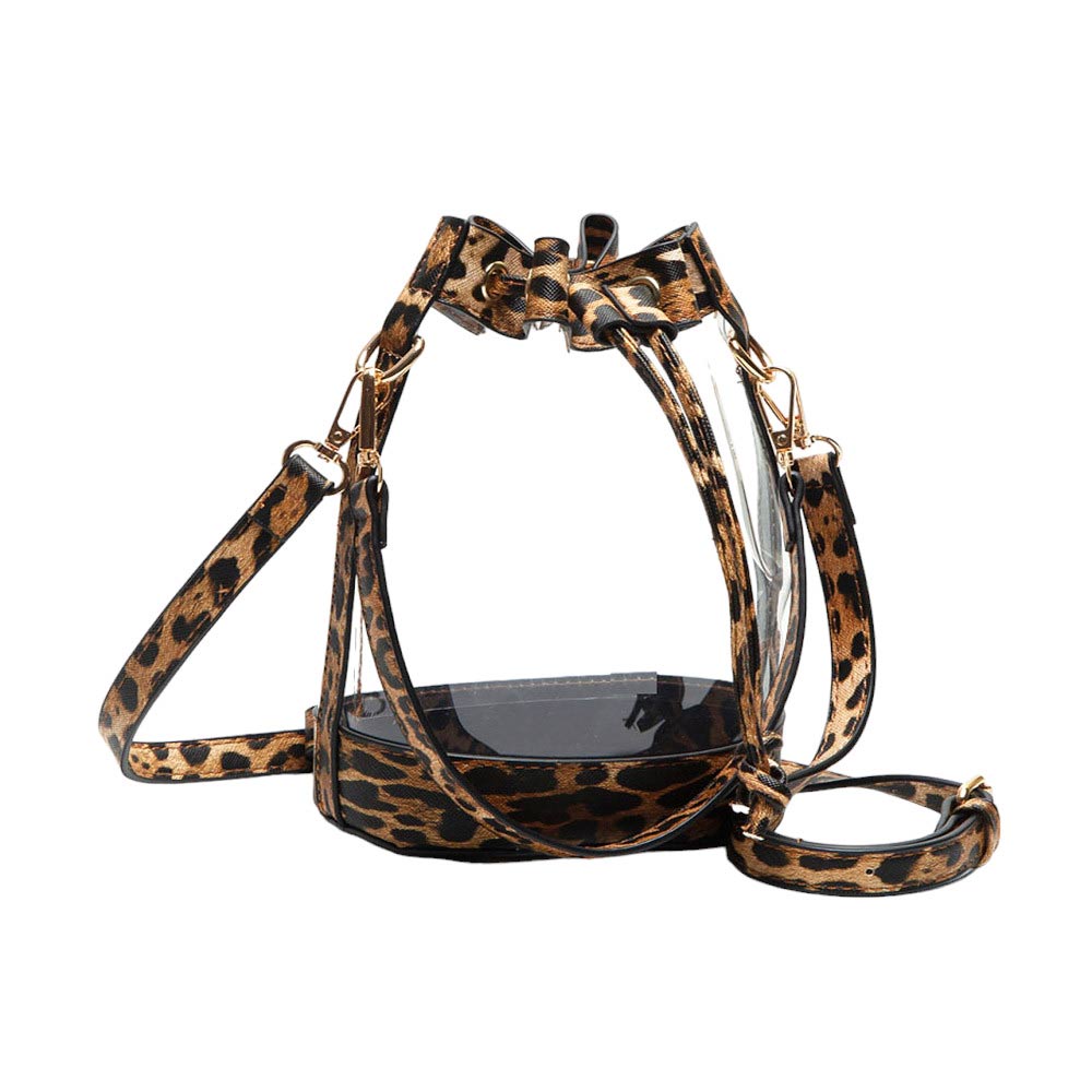 Leopard-Solid Faux Leather Transparent Bucket Bag, The perfect accessory for your daily needs. Made of durable and trendy faux leather, this bag features a unique transparent design, allowing you to easily access your items while adding a touch of style to your outfit.