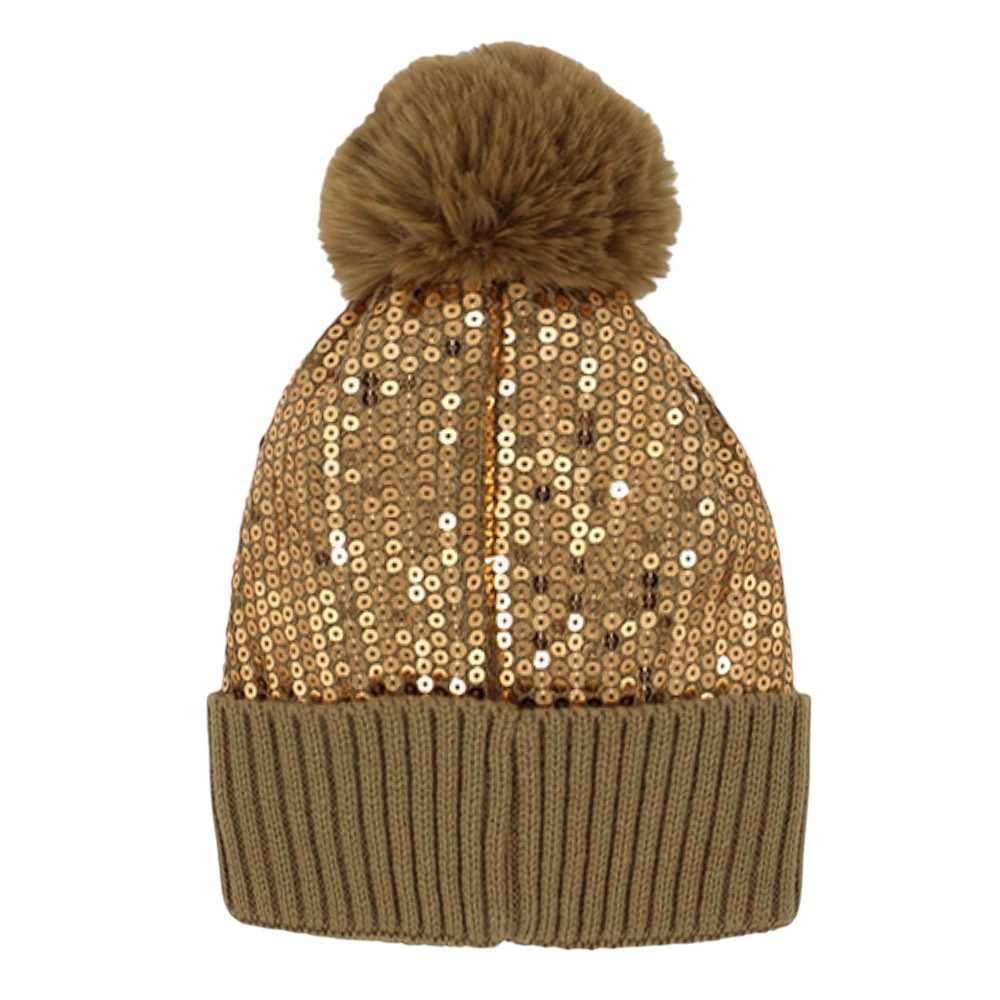 Light Brown Sequin Embellished Pom Pom Beanie Hat before running out the door reach for this toasty hat to keep you incredibly warm. Fun accessory, it's the autumnal touch to finish your ensemble. Birthday Gift, Christmas Gift, Anniversary Gift, Regalo Navidad, Regalo Cumpleanos, Regalo Dia del Amor, Valentine's Day Gift