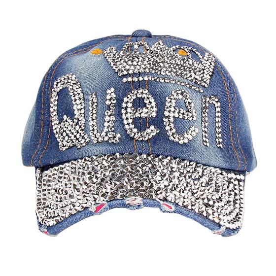 Light Denim Queen Blinged Stud Denim Cap, this stylish blinged stud denim cap is the perfect accessory for any casual outing. Large, comfortable, and perfect for keeping the sun off of your face. Impress everyone with this fun message cap. It looks so pretty and bright in summer. The cap is adjustable, ensuring maximum comfort.