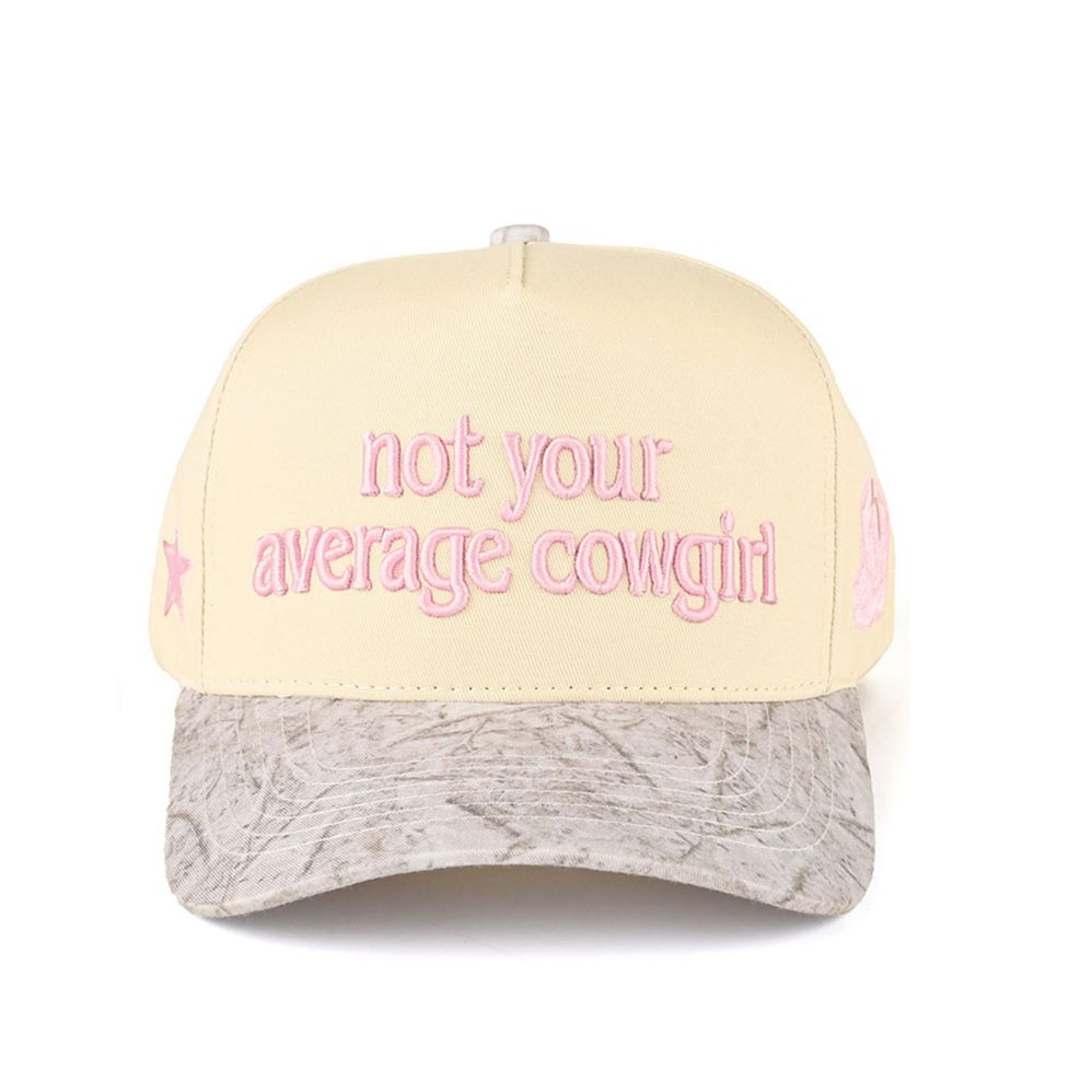 Light Pink CC Beanie “Not Your Average Cowgirl” Lettering Two-Tone Trucker Baseball Snapback Cap features bold embroidered lettering with a stylish two-tone design for a standout western-inspired look. The classic trucker silhouette with a snapback closure provides breathable comfort and an adjustable fit for all-day wear.