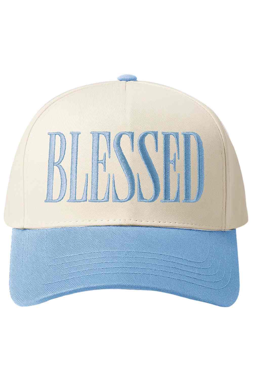 Light Blue Elevate your everyday style with this classic two-tone baseball cap featuring "BLESSED" embroidered across the front. Crafted from 100% cotton, it offers breathable comfort perfect for any season. The timeless design works with casual outfits, while the meaningful embroidery adds a personal touch. One size fits most. A versatile accessory that combines faith-inspired messaging with laid-back style.