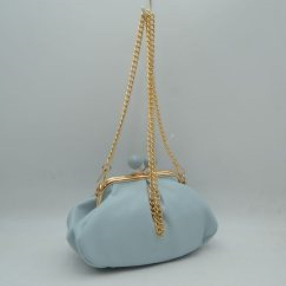 Light Blue Make a vintage-inspired statement at your next evening event or special occasion with this elegantly slouched clutch bag. Combining classic charm with a modern edge, this accessory features a soft, ruched silhouette gathered beautifully along a polished metallic frame. The bag is crowned with a striking oversized double bead kiss-lock closure that adds both a secure seal and a dramatic, sophisticated focal point. Designed for versatile styling