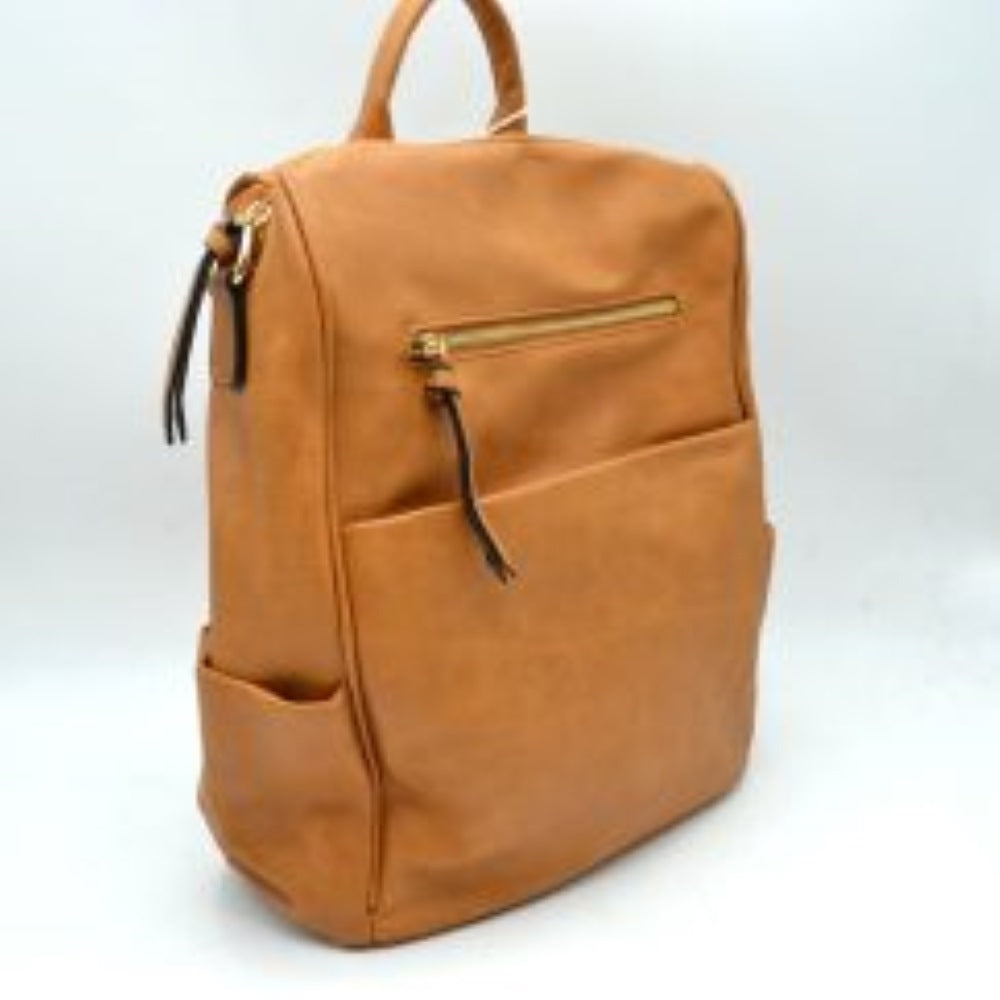 Light- brown This practical backpack features a textured, subtly grained exterior designed for organized everyday use. It provides multiple functional storage compartments, including a spacious main section accessed via curved top zippers, a horizontal front zippered pocket with an elongated pull tab, and a deep slip pocket underneath. A side open pouch offers additional quick-access storage along the lower edge. The design is completed by a sturdy top loop handle for convenient hand carrying