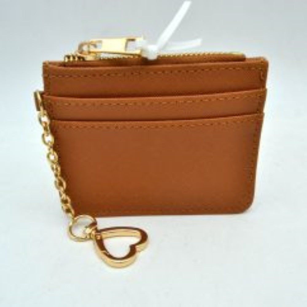 Light-Brown This slim card holder wallet combines a sleek, structured design with practical storage compartments for organized everyday use. The front panel features multiple layered slots designed for quick access to cards, while a secure top zipper closure with a prominent metallic pull opens to a central pocket for coins or folded bills. Perfect for on-the-go convenience