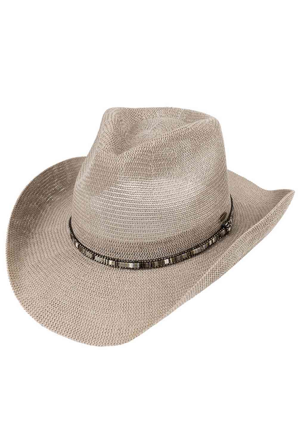 Light Gray Elevate your western style with this C.C Multi Colored Trim Band Knitted Cowboy Hat. Crafted from a breathable blend of 60% paper and 40% polyester, this one-size hat offers comfort and durability. The vibrant multi-colored trim band adds a pop of personality to any outfit. With a 3.25" brim and 4.5" crown height, it provides excellent sun protection while maintaining that classic cowboy silhouette. Perfect for ranch days, country festivals, or casual everyday wear. Circumference: 22.6".
