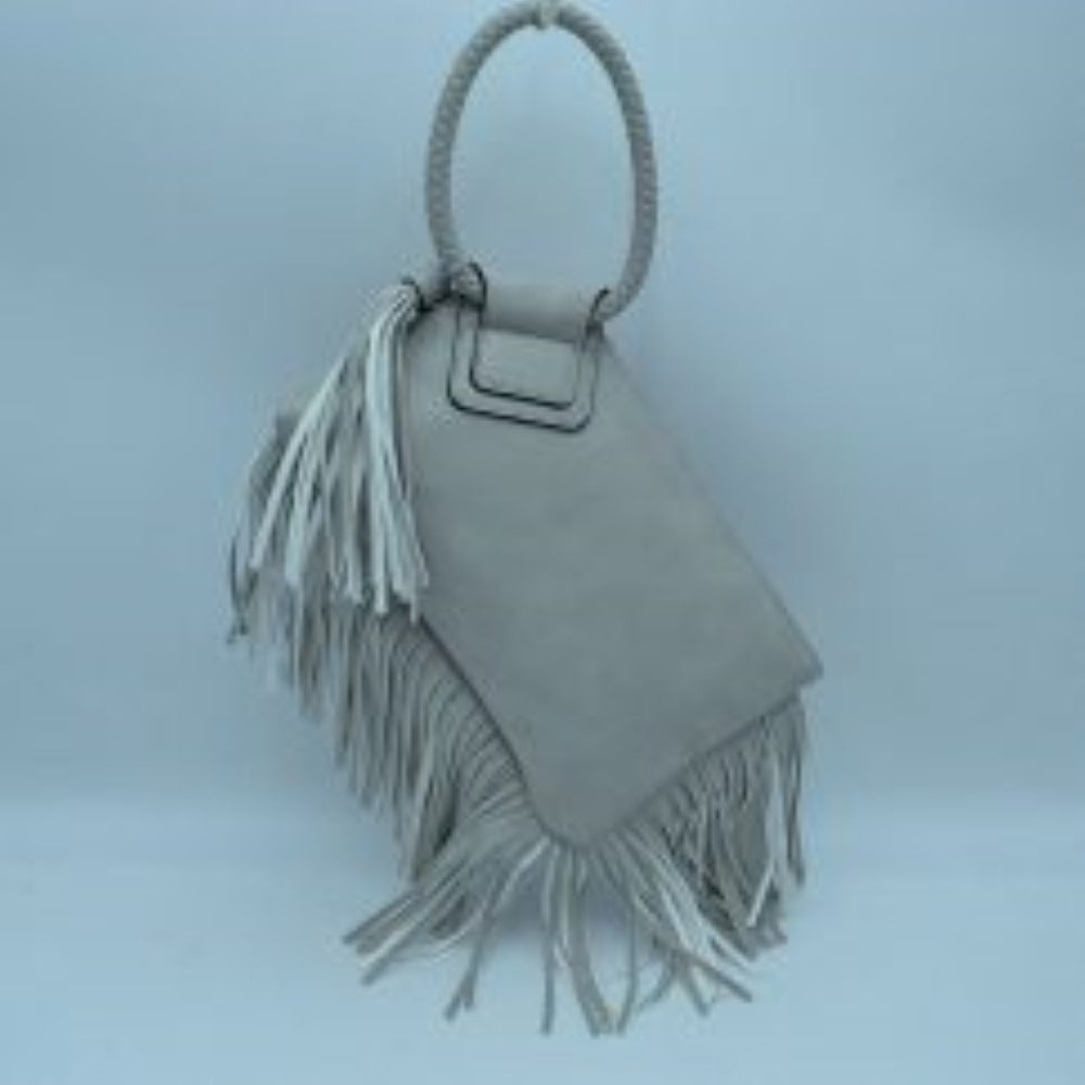 Light gray This everyday clutch bag features a smooth, structured body prominently styled with long cascading fringe accents along the lower trim and side panel. Designed for convenient hand carrying, it is equipped with a distinctively braided, circular top handle anchored securely to a reinforced upper flap. The main storage compartment features a secure top zipper closure with metallic teeth