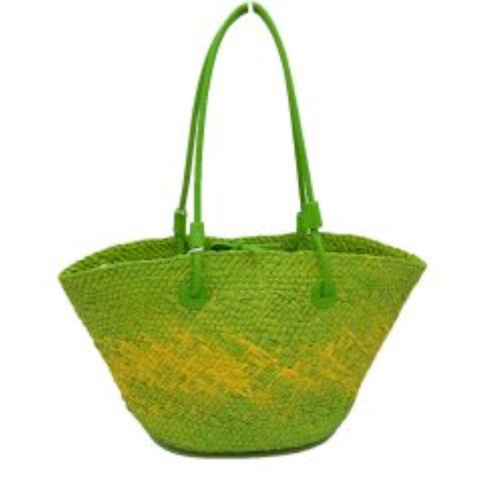 Light Green This everyday tote bag features a spacious, flared silhouette with a distinctive textured, woven pattern throughout the body. Designed for convenient daily carrying, it comes equipped with dual long, slim shoulder straps secured to the panels via tonal circular stitched anchors. The open top design reveals a central loop fastening detail along the upper rim, offering a minimalist accent to the generous main storage compartment