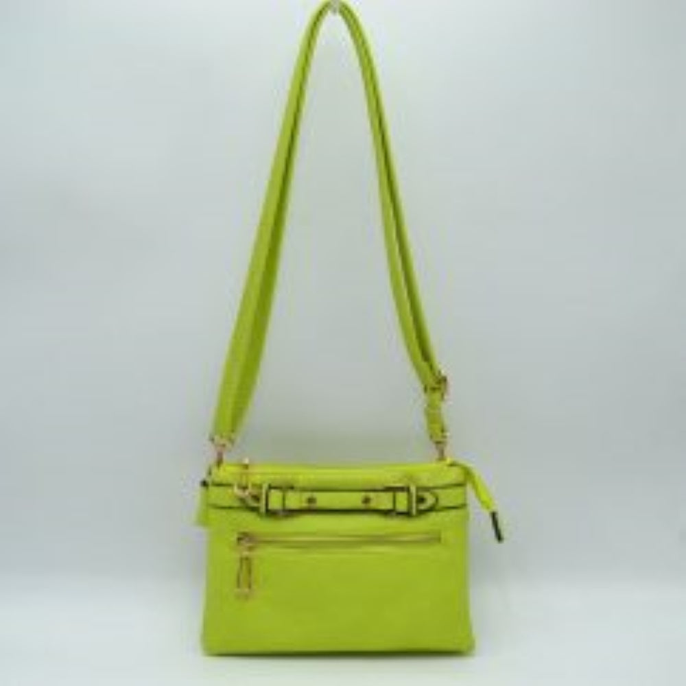 Light Green This functional crossbody bag is designed for organized everyday use, featuring a textured exterior equipped with multiple secure storage compartments. The front panel includes a convenient horizontal zippered pocket accented with an oversized metallic zipper pull, situated beneath a decorative horizontal band detailed with metallic studs and loops.