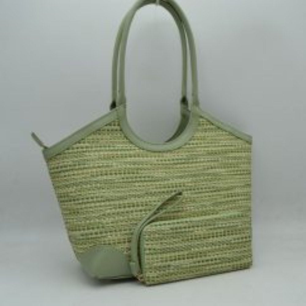 Light reen Infuse your daily routine with classic sophistication with this elegant two-piece handbag set, featuring a spacious shoulder tote and a matching zip-around wristlet wallet. The tote showcases a beautiful multi-tonal woven tweed pattern, sharply contrasted by clean, structured top borders and reinforced base corners that preserve its graceful shape. Designed with extra-long, arched shoulder straps that slip comfortably over your arm