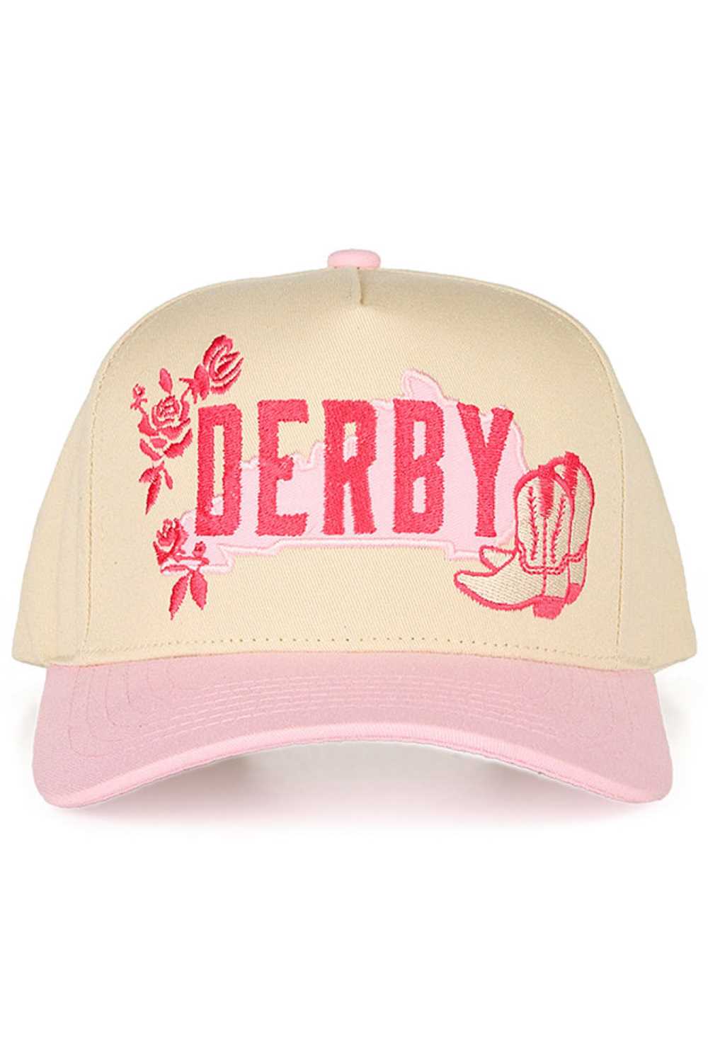 Light Pink Elevate your casual style with this C.C DERBY trucker hat, featuring intricate embroidered details of a letter, delicate rose, and classic boots. Crafted from 100% cotton for breathability and comfort, this snapback design offers adjustable sizing for the perfect fit. With a circumference of 22.5", it's designed for one-size-fits-most wear. Whether you're heading to the track, running errands, or making a fashion statement, this Vietnam-made cap combines vintage charm with modern edge. Perfect fo