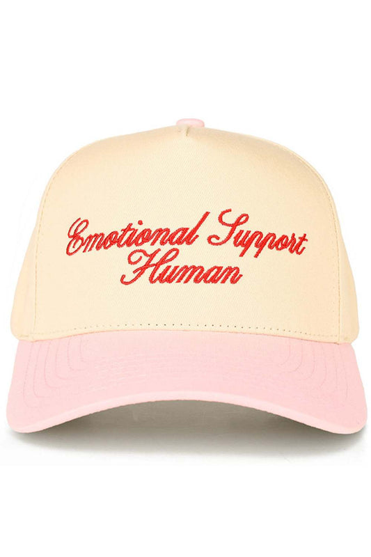 Light Pink Show your softer side with this charming trucker hat featuring an embroidered "EMOTIONAL SUPPORT HUMAN" design. The classic two-tone colorway and structured baseball cap silhouette make it perfect for casual everyday wear. Crafted from 100% cotton for breathability and comfort, this snapback style adjusts to fit most head sizes with a circumference of 22.5". Whether you're heading out for errands or making a statement about your caring nature, this hat delivers both style and personality.