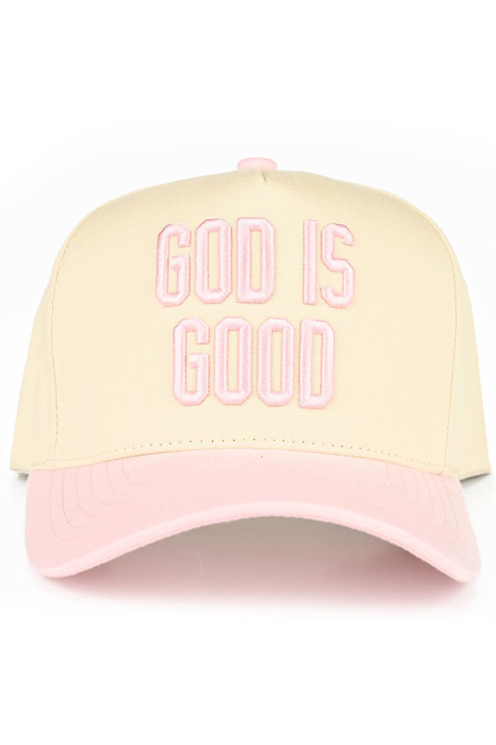 Light Pink Elevate your everyday style with this classic two-tone trucker hat featuring "GOD IS GOOD" embroidered lettering. Crafted from 100% cotton for breathability and comfort, this snapback design offers a one-size-fit-all approach with a 22.5" circumference. Perfect for casual outings, outdoor activities, or making a faith-inspired statement. The structured trucker silhouette provides excellent sun protection while maintaining a timeless, versatile look that pairs effortlessly with any wardrobe. Made 