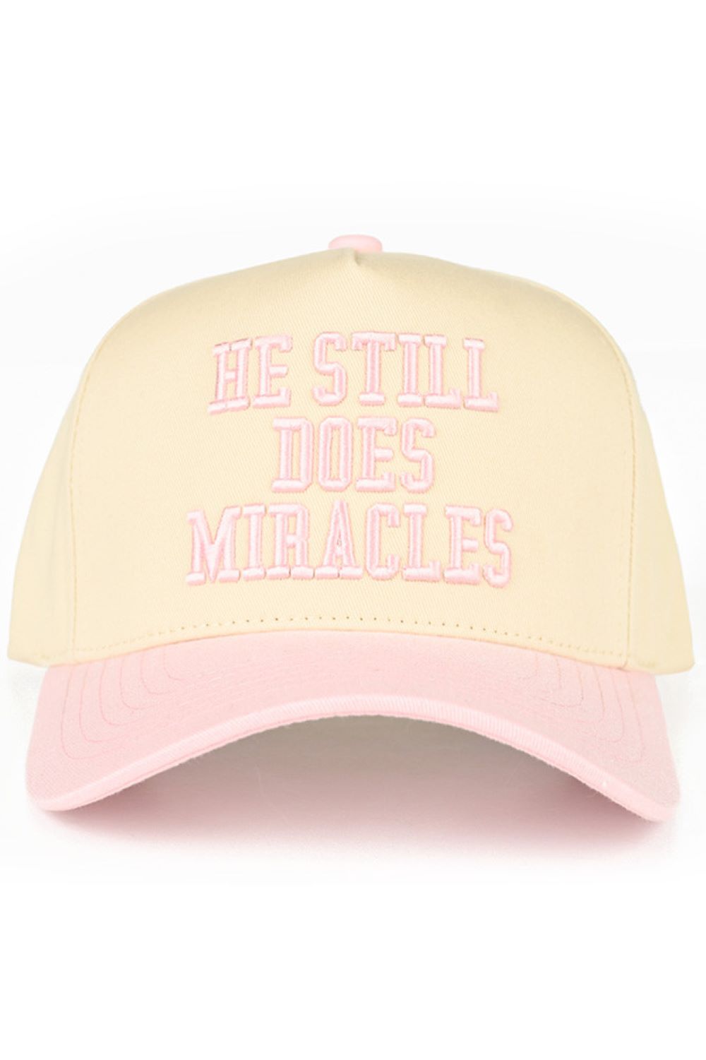 Light Pink C.C HE STILL DOES MIRACLES Embroidered Letter Two Tone Baseball Cap Trucker Hat Snap back closure for adjustable fit. Crafted from 100% cotton for breathability and comfort. Features embroidered lettering on a classic two-tone design. One size fits most with a 22.5" circumference.&nbsp;
