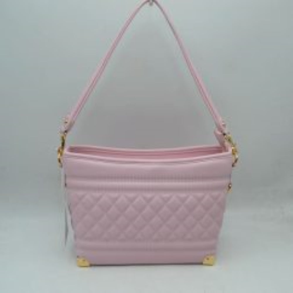 Light pink This everyday shoulder bag features a structured silhouette highlighted by a quilted diamond pattern across the lower midsection and horizontal stitched ridges. Designed for practical daily use, it is equipped with a single flat shoulder strap secured to the sides by hardware attachments.