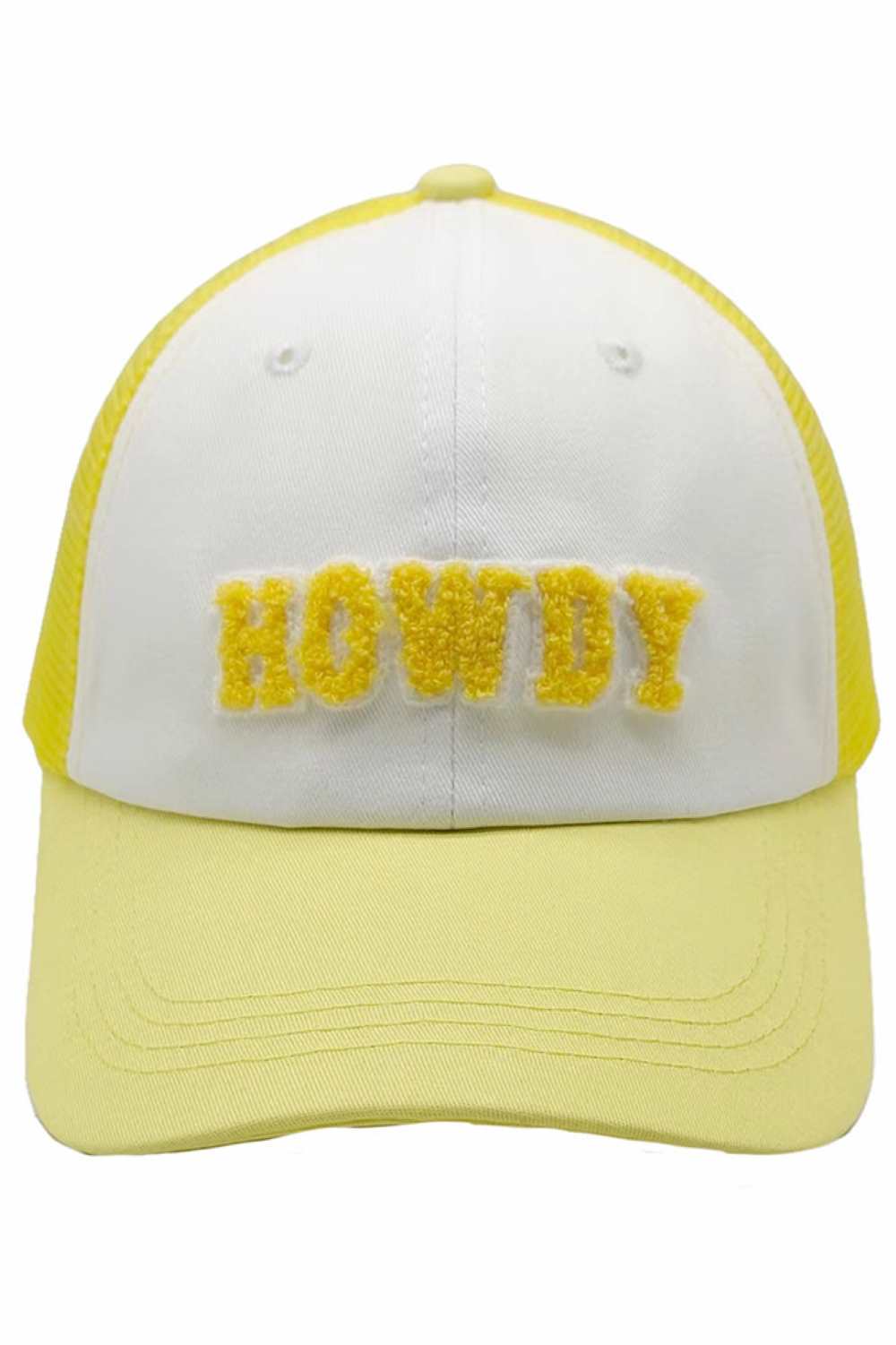 Light Yellow Show off a classic Western style with this HOWDY mesh back baseball cap, featuring a bold front embroidery and a breathable mesh back for all-day comfort. The adjustable snap closure and curved brim make it perfect for outdoor adventures, casual outings, and sunny days on the go.