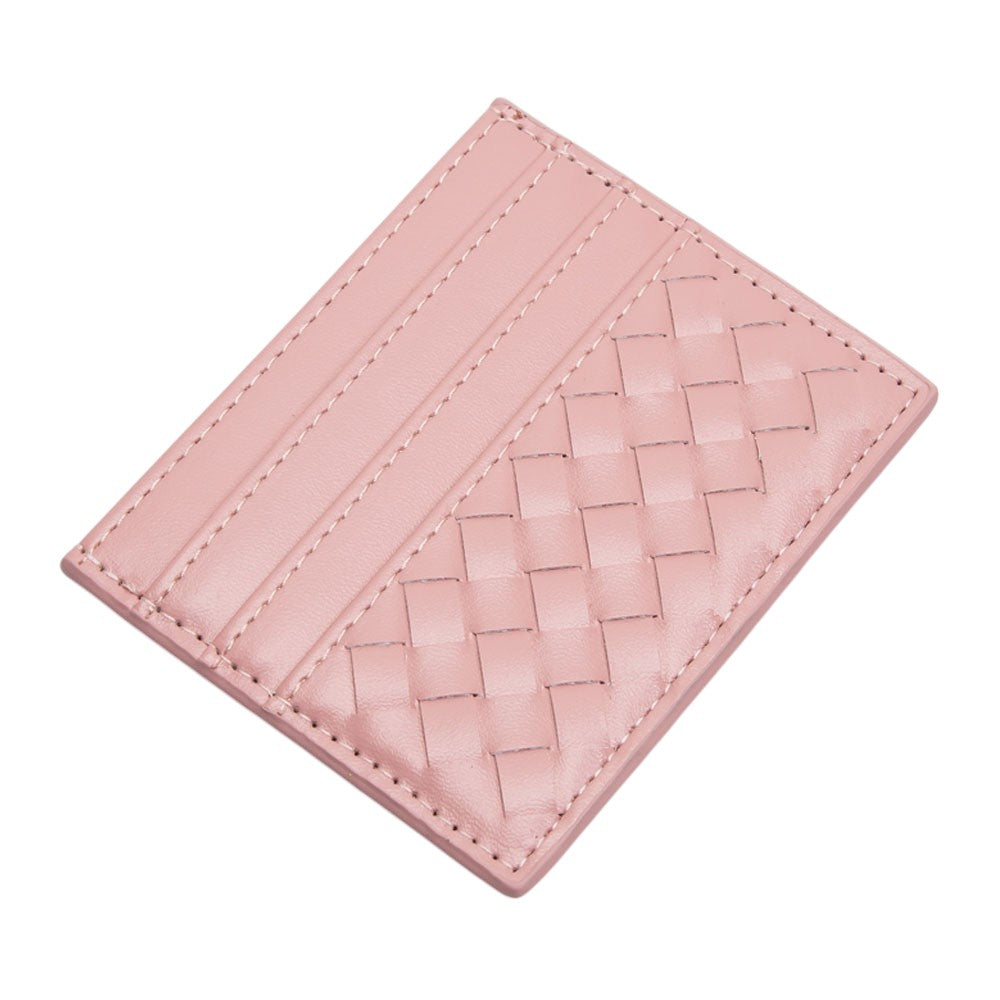 Light Pink Faux Leather Basket Weave Card Holder Wallet boasts a stylish basket weave design. Made from durable materials, it can securely hold multiple cards and cash while keeping a slim profile. Perfect for those looking for a sophisticated and functional accessory.