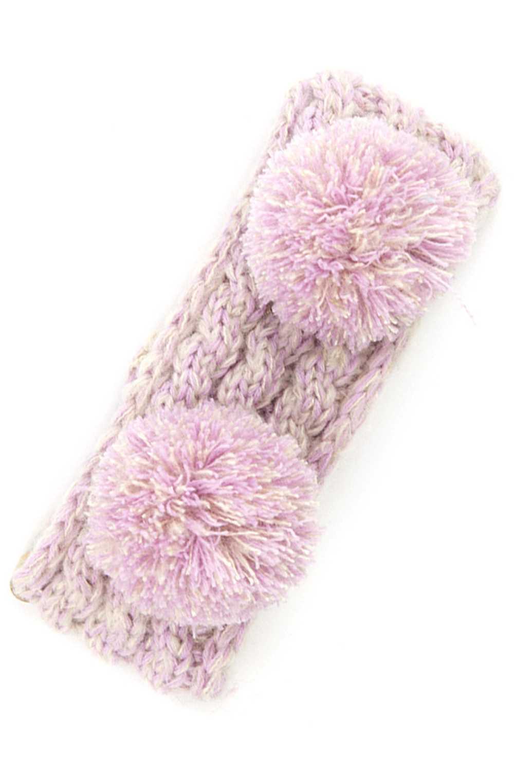 Lilac Cozy two-tone kids head wrap featuring a soft fuzzy lining for extra warmth and comfort. Double pom-pom design adds playful style perfect for cold weather. Crafted from 100% acrylic for durability and easy care. One size fits most children. A practical accessory that keeps little ones warm while looking adorable.
