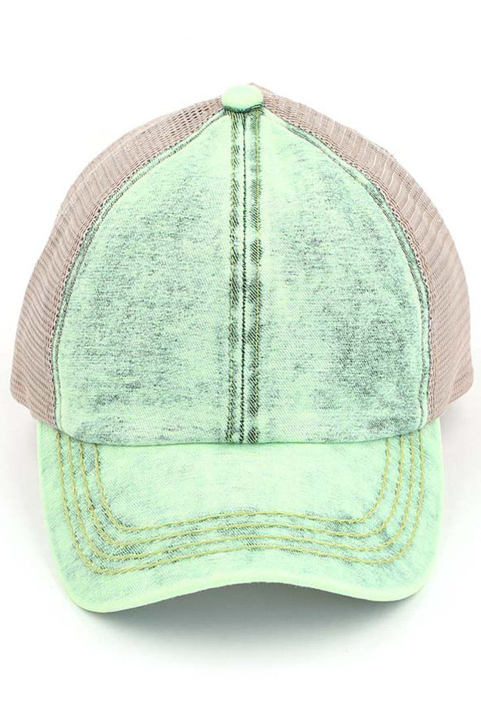 Lime C.C STONEWASHED DENIM CRISS CROSS PONYCAP is a must-have accessory for any fashion-forward individual. With its stylish stonewashed denim and unique criss-cross design, it adds a touch of effortless cool to any outfit. Stay on-trend while protecting your face from the sun with this versatile and practical cap.