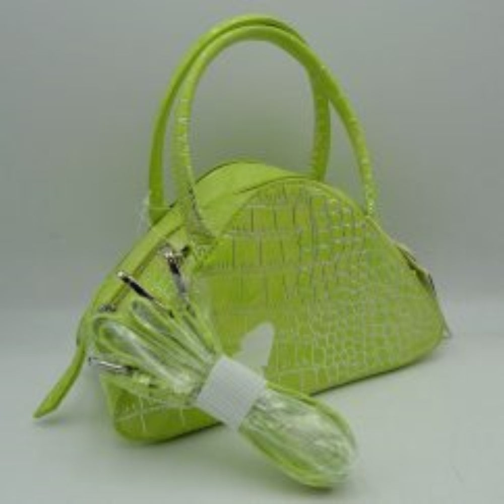 Lime This stylish dome satchel features a structured silhouette w/ a distinct embossed tile-like pattern, making it an excellent accessory for everyday use. Designed w/ a secure top zipper closure equipped w/ an extended pull tab, it opens to a main compartment perfect for keeping daily essentials protected. Dual rolled top handles offer a comfortable grip for handheld carrying, while an included detachable shoulder strap connects easily w/ metallic clasps to provide versatile hands-free carrying options.