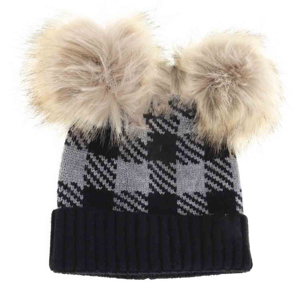 Lt.Grey-Black-BABY Buffalo Check Double Pom C.C Beanie offers expert design tailored for infants, combining warmth and classic style. Featuring a soft, durable fabric with a distinctive buffalo check pattern, this beanie includes two charming pom-poms for a playful yet refined look. Its comfortable, secure fit protects delicate skin from cold weather, making it a practical and stylish choice for babies during cooler seasons. 