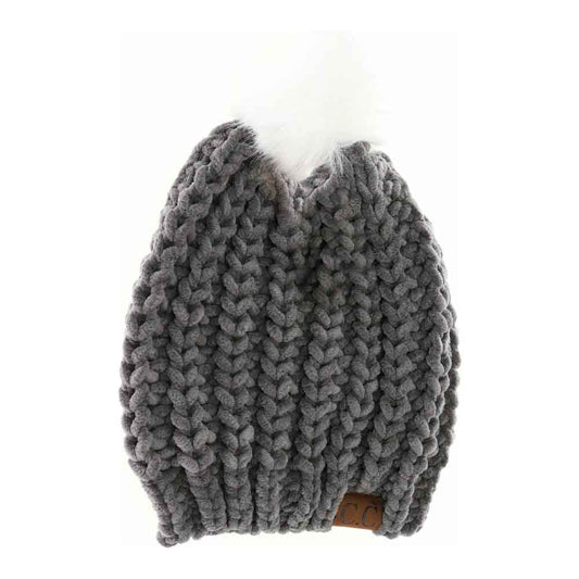 Chenille Chunky Knit Faux Fur Pom C.C Beanie