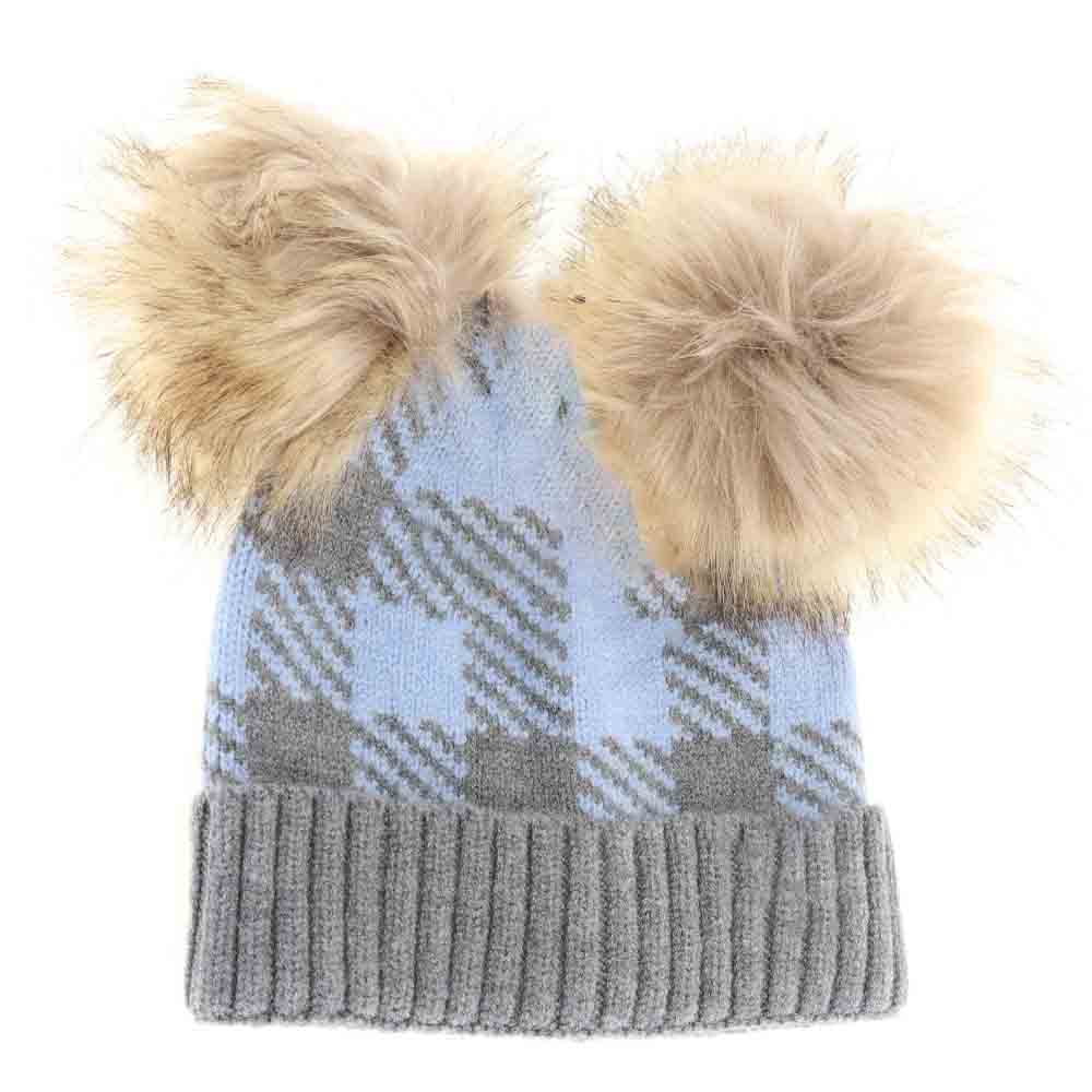 Lt.Grey-PaleBlue- BABY Buffalo Check Double Pom C.C Beanie offers expert design tailored for infants, combining warmth and classic style. Featuring a soft, durable fabric with a distinctive buffalo check pattern, this beanie includes two charming pom-poms for a playful yet refined look. Its comfortable, secure fit protects delicate skin from cold weather, making it a practical and stylish choice for babies during cooler seasons. 