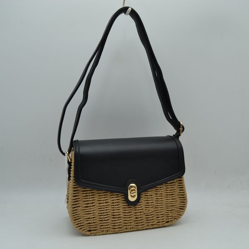 Woven Straw Flap Crossbody Bag – Chic Summer Shoulder Satchel - Black - Crossbody Bag