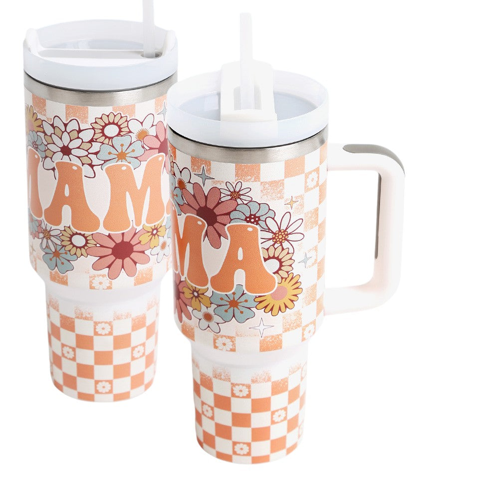 orange MAMA Floral Checkered Print 40oz Stainless Steel Tumbler with Handle is a stylish and durable tumbler that includes a handle for easy carrying. The floral checkered pattern adds a touch of color and personality, while the stainless steel construction ensures your drinks stay at the desired temperature for longer. Enjoy your favourite beverages on the go with this functional and trendy tumbler.