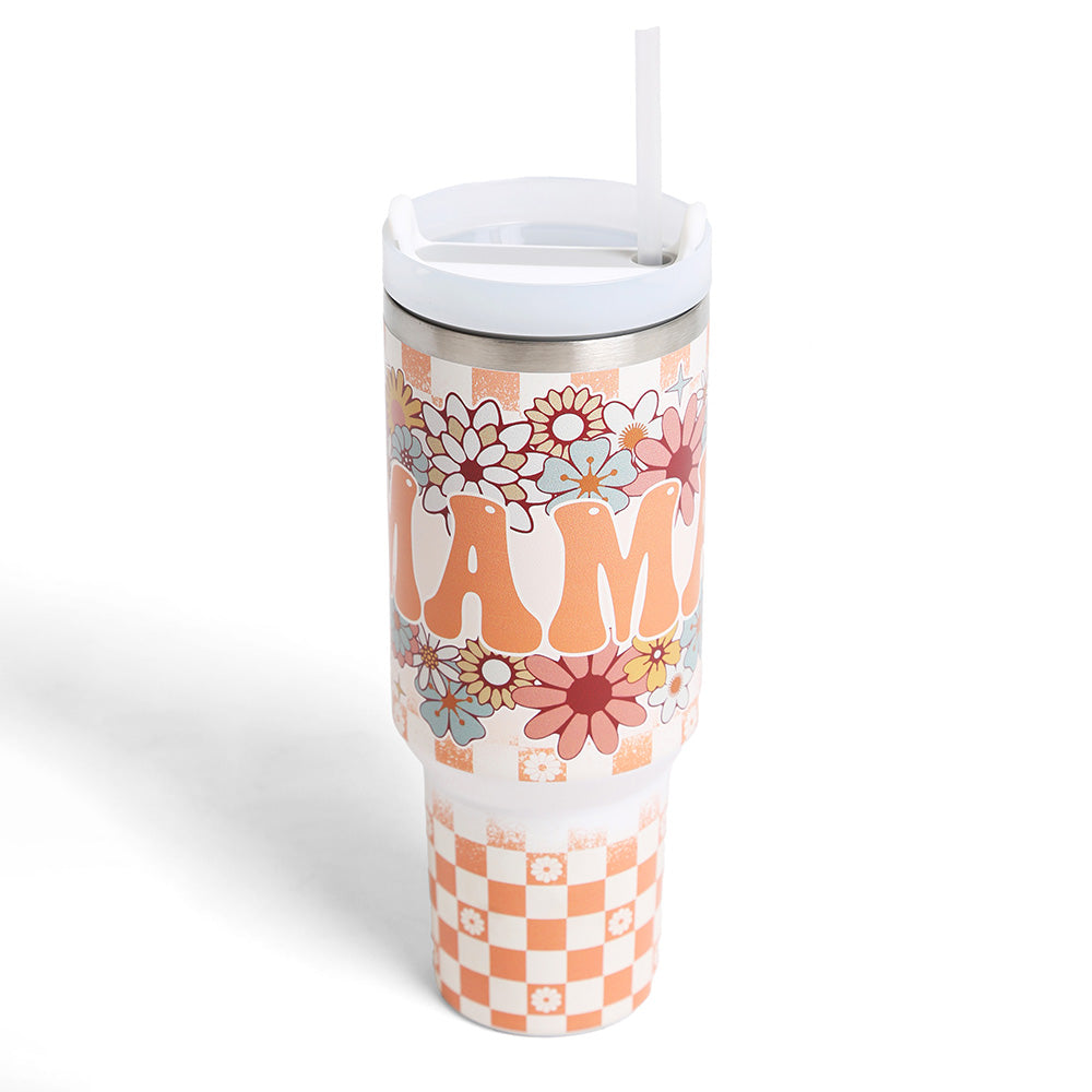 orange MAMA Floral Checkered Print 40oz Stainless Steel Tumbler with Handle is a stylish and durable tumbler that includes a handle for easy carrying. The floral checkered pattern adds a touch of color and personality, while the stainless steel construction ensures your drinks stay at the desired temperature for longer. Enjoy your favourite beverages on the go with this functional and trendy tumbler.