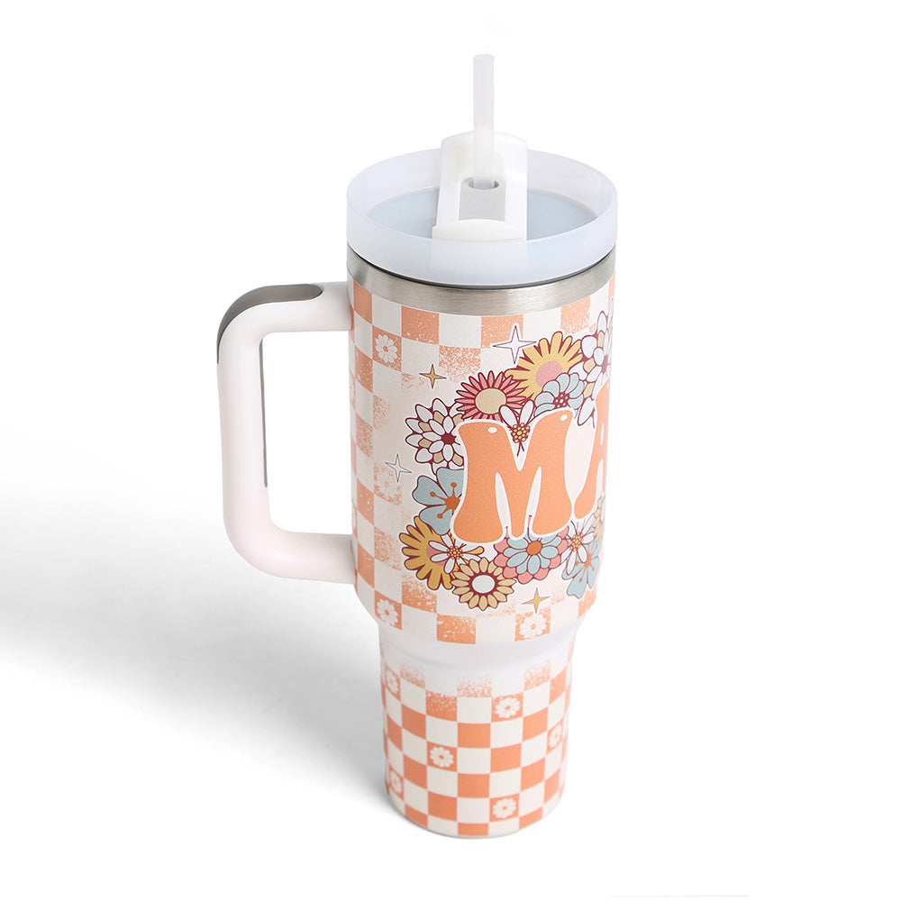 orange MAMA Floral Checkered Print 40oz Stainless Steel Tumbler with Handle is a stylish and durable tumbler that includes a handle for easy carrying. The floral checkered pattern adds a touch of color and personality, while the stainless steel construction ensures your drinks stay at the desired temperature for longer. Enjoy your favourite beverages on the go with this functional and trendy tumbler.