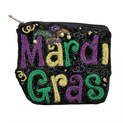Multi Eye-catching zipper pouch featuring bold Mardi Gras lettering with intricate beadwork, designed for storing cosmetics, accessories, or small essentials. A festive statement accessory ideal for seasonal assortments, gift shops, and boutique displays, offering playful style, strong shelf appeal, and everyday functionality for celebration-focused retail collections.
