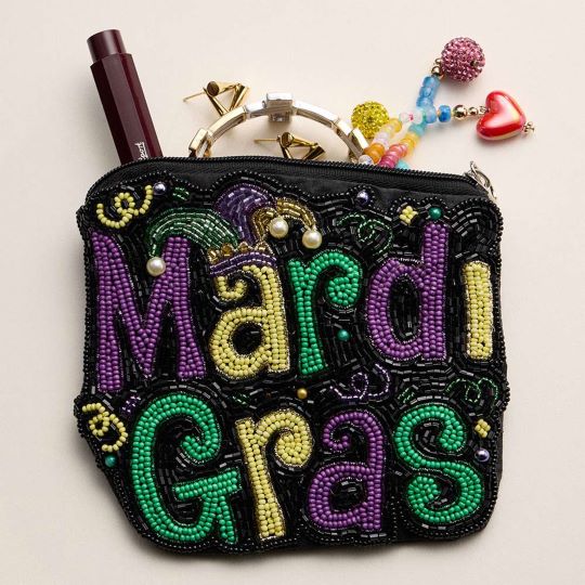 Multi Eye-catching zipper pouch featuring bold Mardi Gras lettering with intricate beadwork, designed for storing cosmetics, accessories, or small essentials. A festive statement accessory ideal for seasonal assortments, gift shops, and boutique displays, offering playful style, strong shelf appeal, and everyday functionality for celebration-focused retail collections.