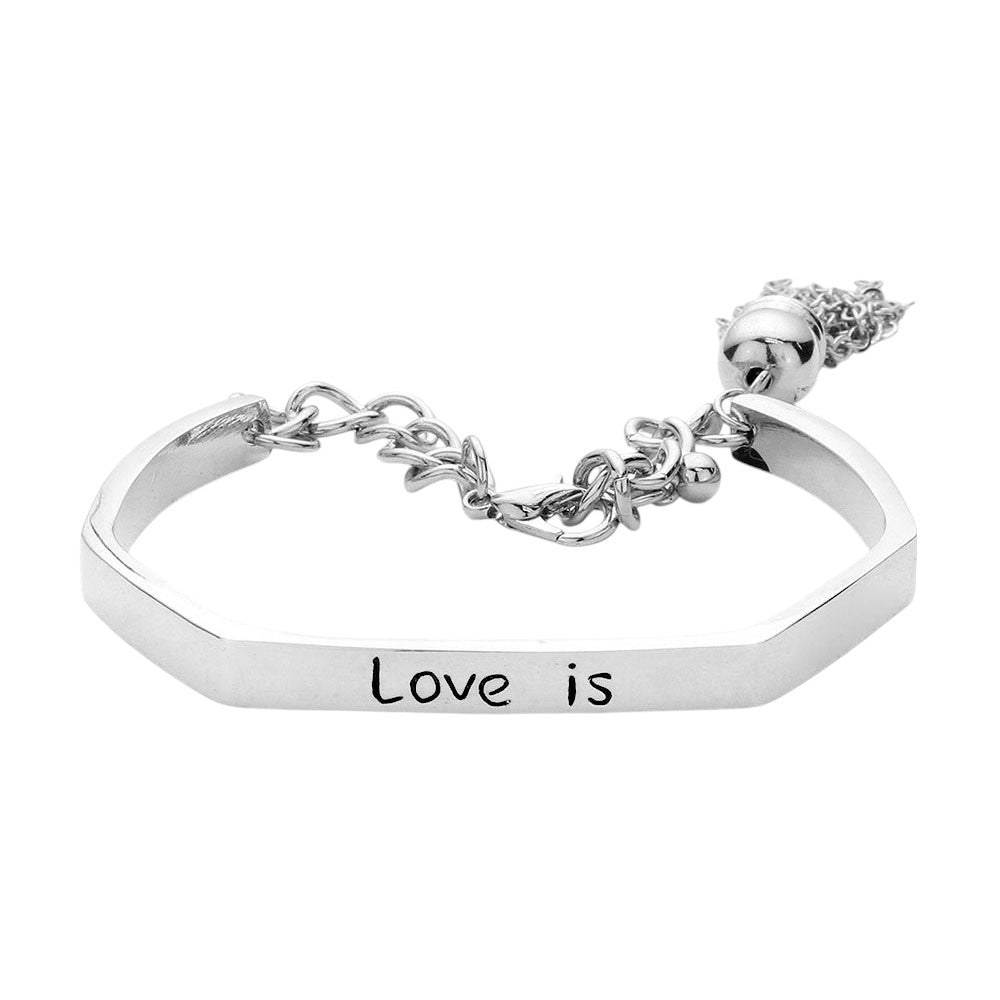 Rhodium Love is Message Metal Tassel Bracelet is not just a beautiful accessory; it's a heartfelt message of love. Made with high-quality metal and adorned with a delicate tassel, it's perfect for expressing your love for someone special. Show your devotion with style and grace. 