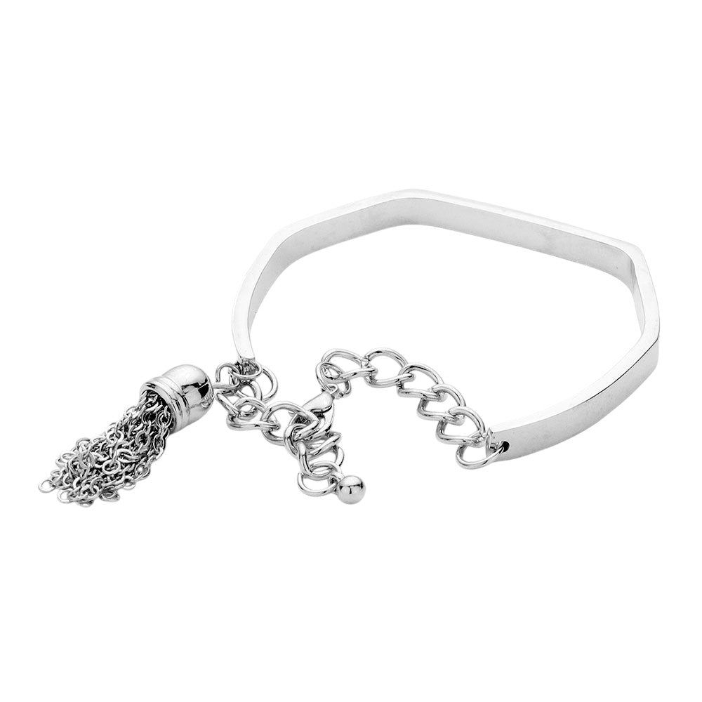 Rhodium Love is Message Metal Tassel Bracelet is not just a beautiful accessory; it's a heartfelt message of love. Made with high-quality metal and adorned with a delicate tassel, it's perfect for expressing your love for someone special. Show your devotion with style and grace. 
