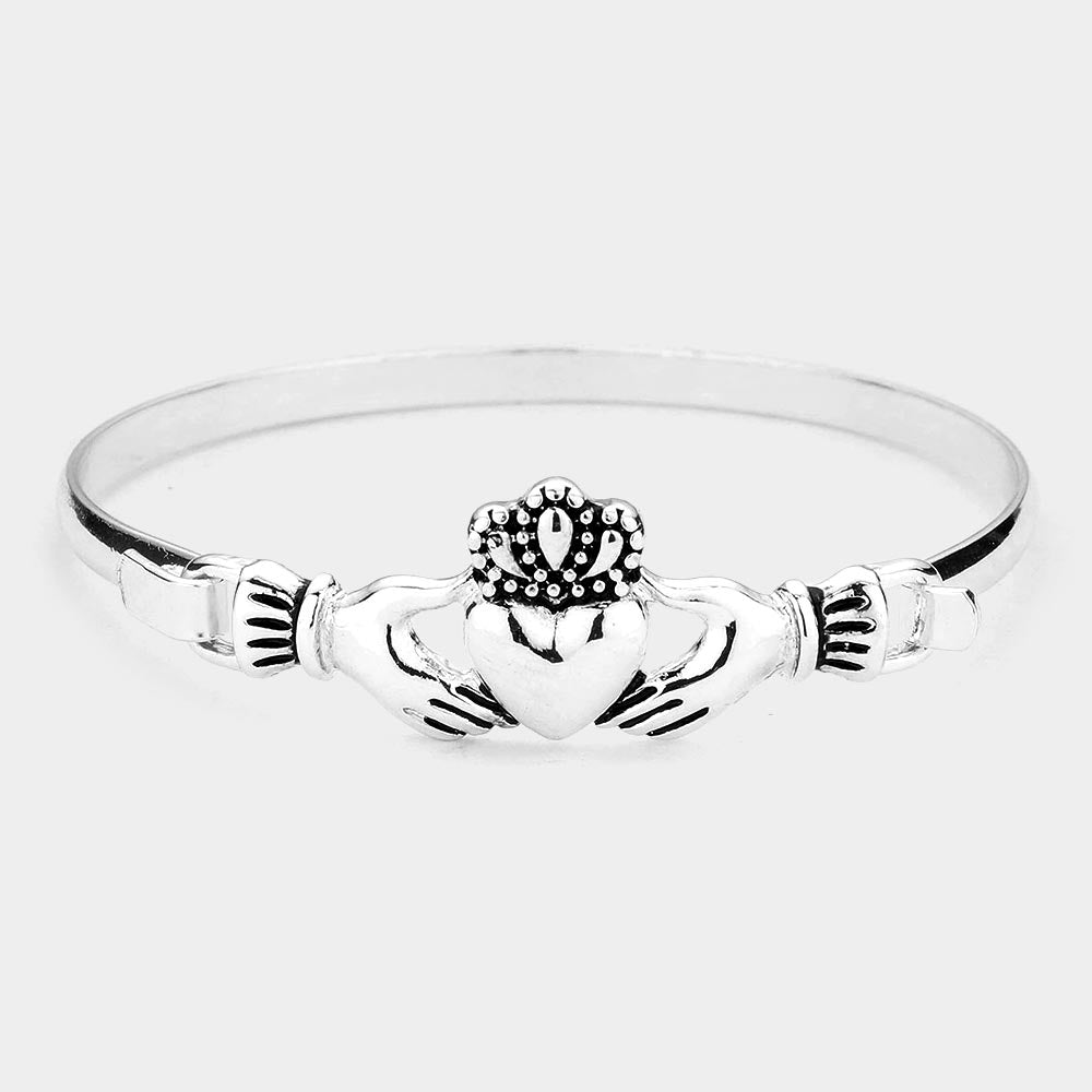Madeline Love Antique Silver Antique Metal Claddagh Heart Accent Bangle Bracelet - Bracelets