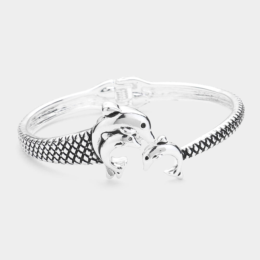 Antique Silver Antique Metal Dolphin Hinged Bracelet