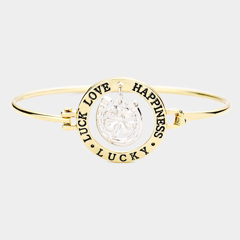 Madeline Love Antique Gold "Luck Love Happiness Lucky" Four Leaf Clover Hook Bracelet - Bracelets