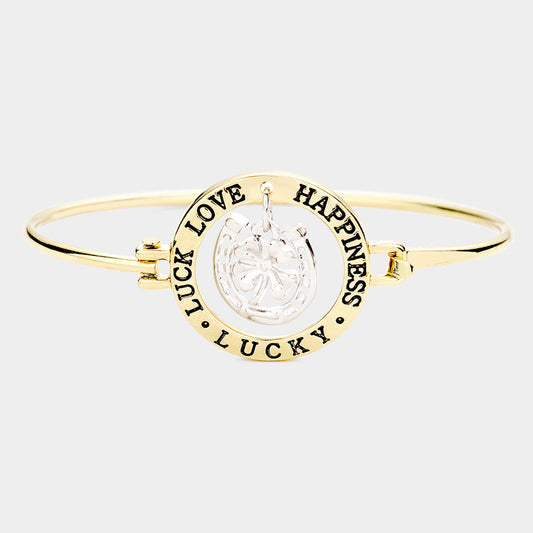 Madeline Love Antique Gold "Luck Love Happiness Lucky" Four Leaf Clover Hook Bracelet - Bracelets