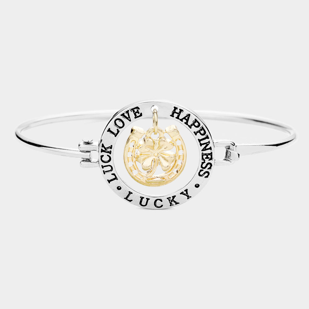 Madeline Love Antique Rhodium "Luck Love Happiness Lucky" Four Leaf Clover Hook Bracelet - Bracelets