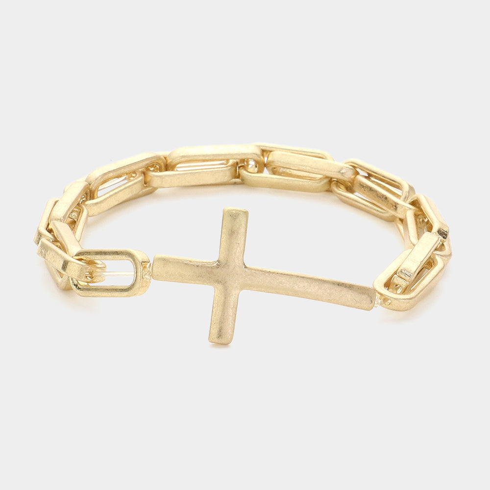 Madeline Love Worn Gold Metal Cross Pointed Hardware Chain Link Stretch Bracelet