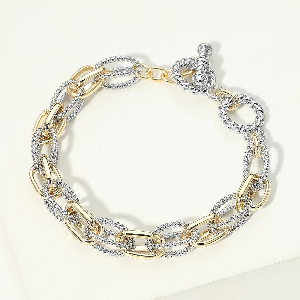 Madeline Love Two Tone 14K Gold Plated Two Tone Mixed Link Chain Toggle Bracelet
