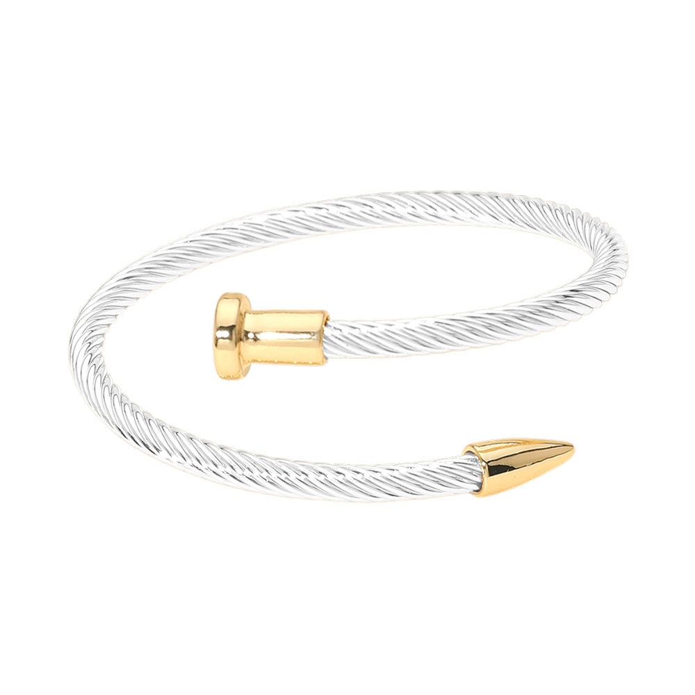 Madeline Love Gold, Silver Twisted Cable Nailhead Wrap Bangle Bracelet - Bracelets - desc