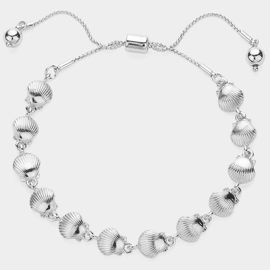 Silver Textured Metal Shell Link Adjustable Pull Tie Bracelet