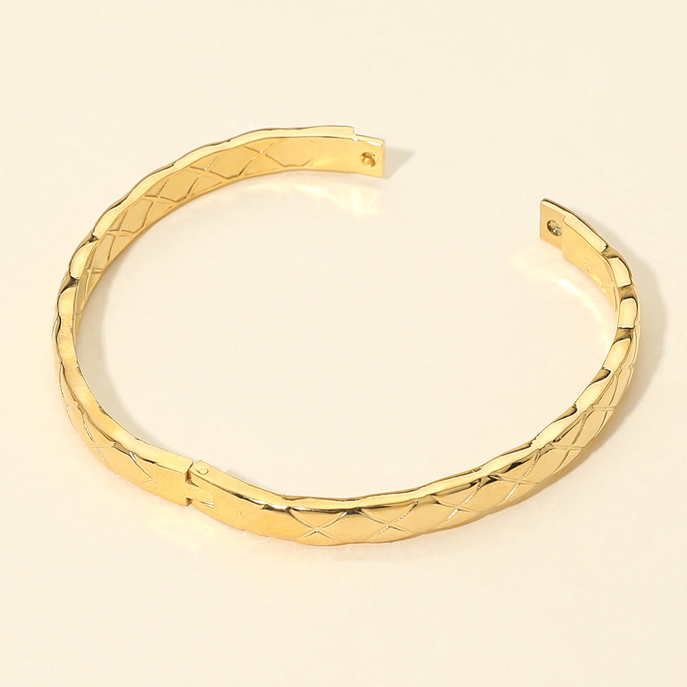 Madeline Love Gold Stainless Steel Crisscross Textured Hinged Bangle Bracelet - Bracelets - extra