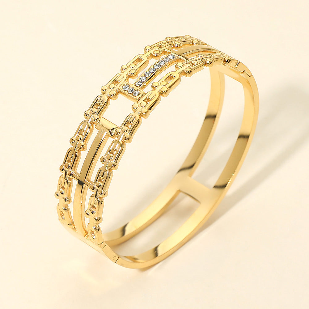 Madeline Love Clear, Gold Stainless Steel Stone Pave Geometric Wide Hinged Bangle Bracelet - Bracelets