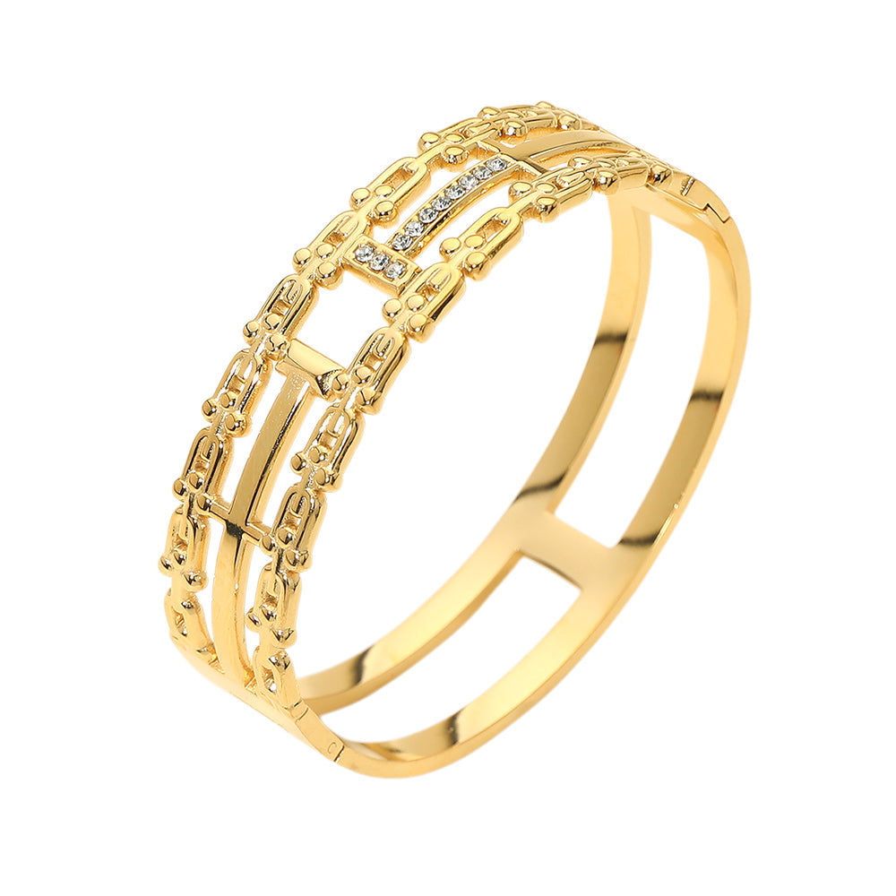 Madeline Love Clear, Gold Stainless Steel Stone Pave Geometric Wide Hinged Bangle Bracelet - Bracelets - desc
