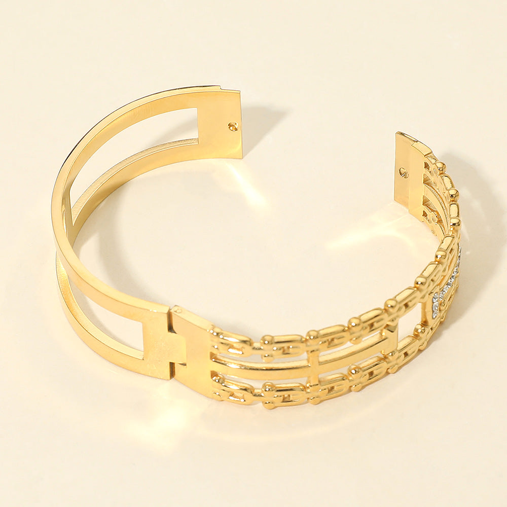 Madeline Love Clear, Gold Stainless Steel Stone Pave Geometric Wide Hinged Bangle Bracelet - Bracelets - extra
