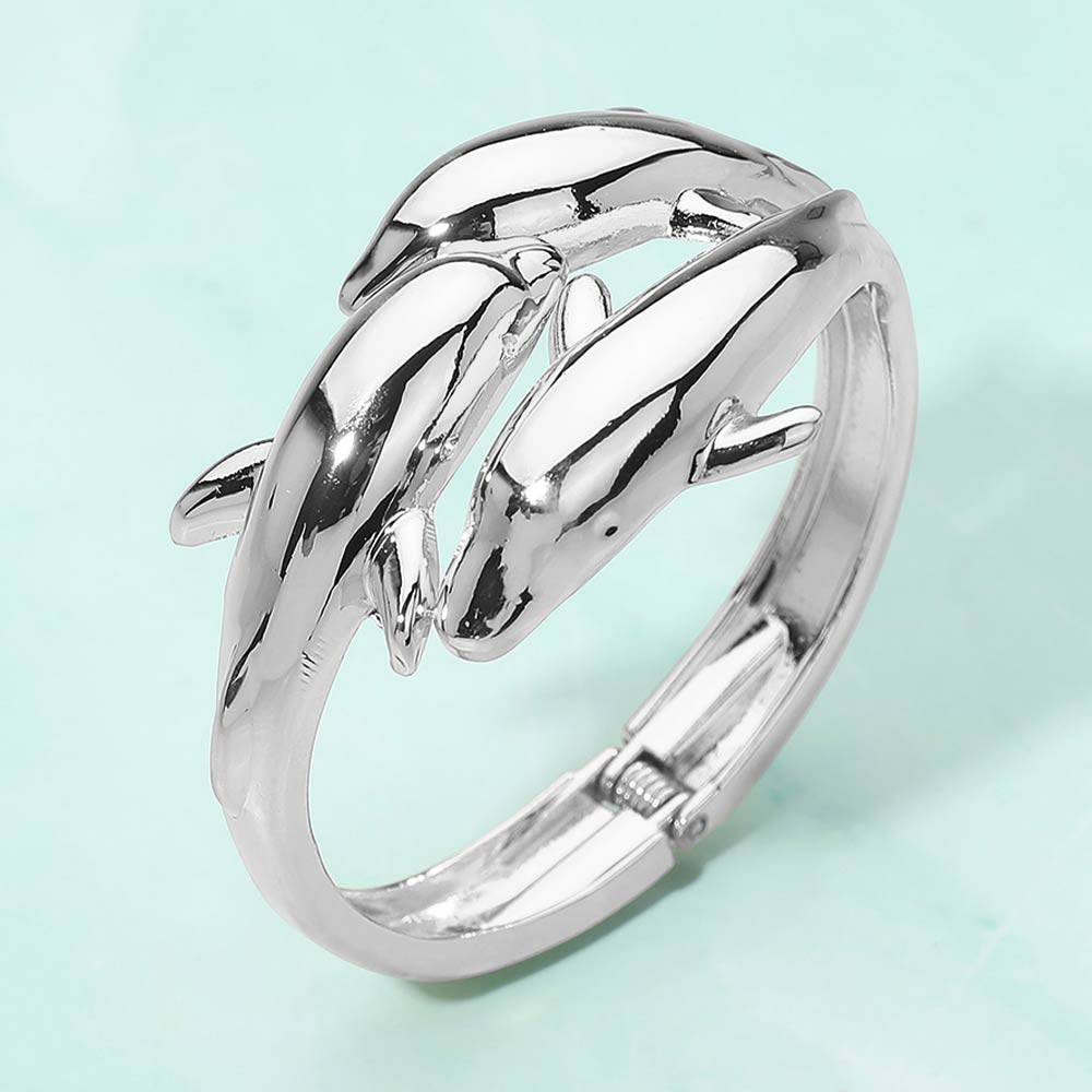 Madeline Love Silver Sleek Double Dolphin Hinged Bangle Bracelet - Bracelets