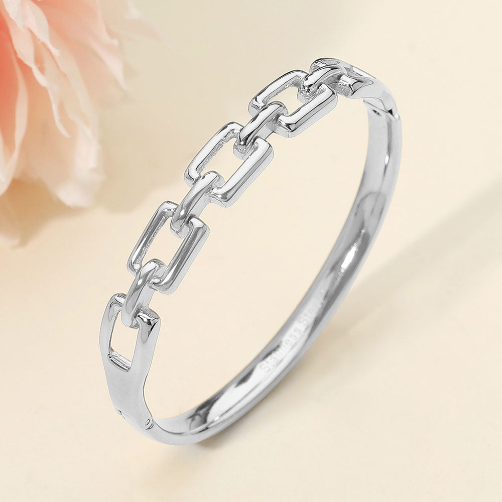 Madeline Love Silver Stainless Steel Chain Link Hinged Bangle Bracelet